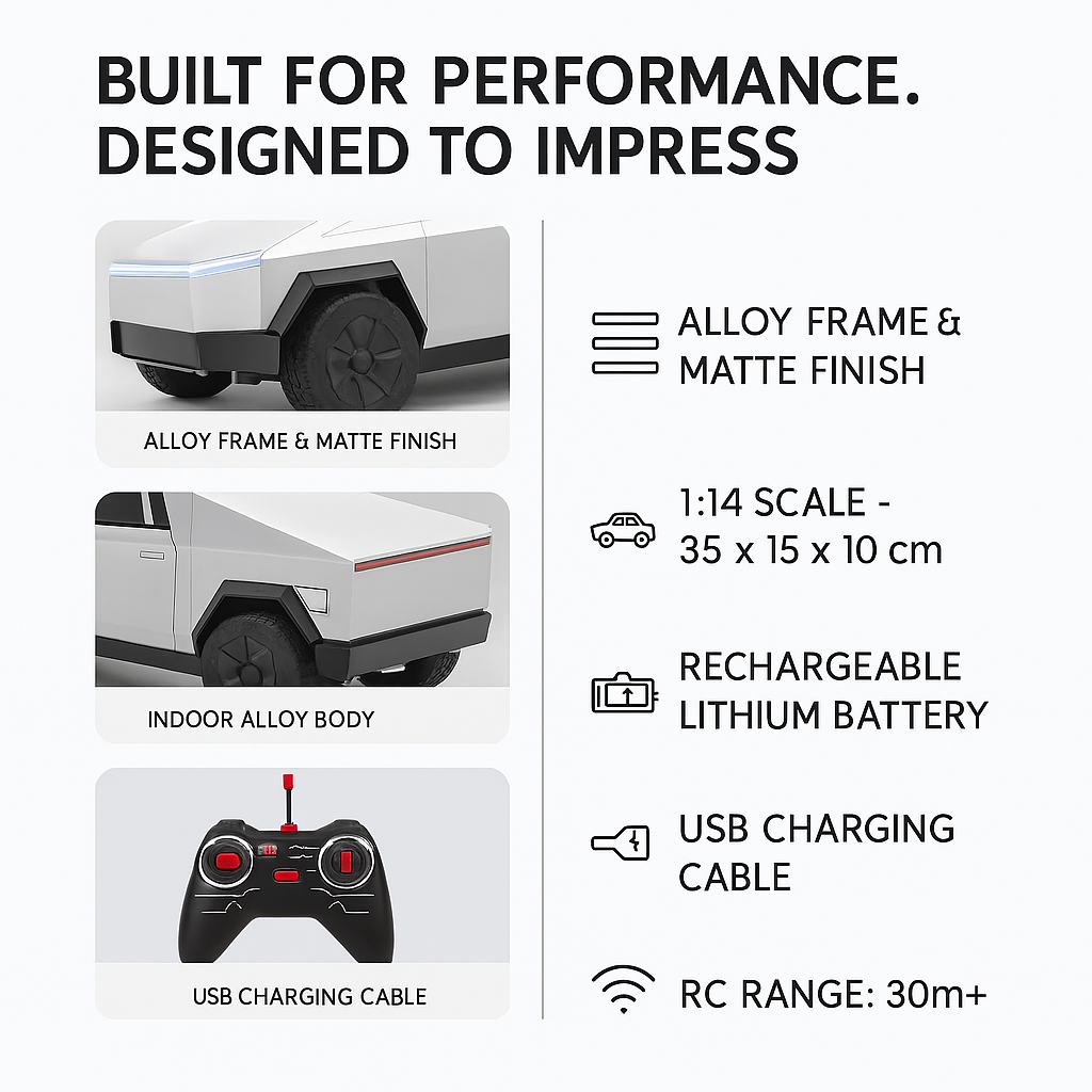 Tesla CyberTruck Remote Control Alloy Car Toy - 1:14 Scale Electric Vehicle Model for Kids & Adults, Perfect for Indoor & Outdoor Play